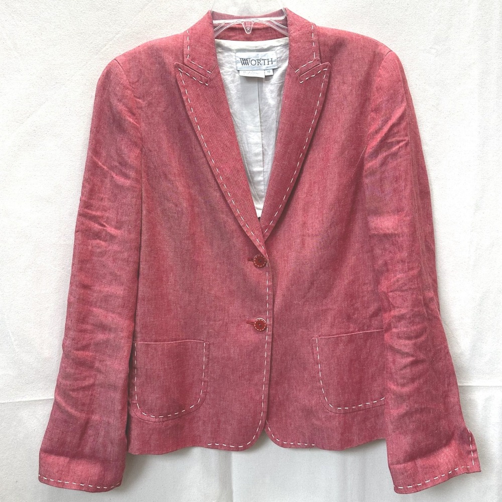 Worth Casual Office Red Pick Stitch Tailored Linen Blend Blazer Jacket‎ Sz. 10